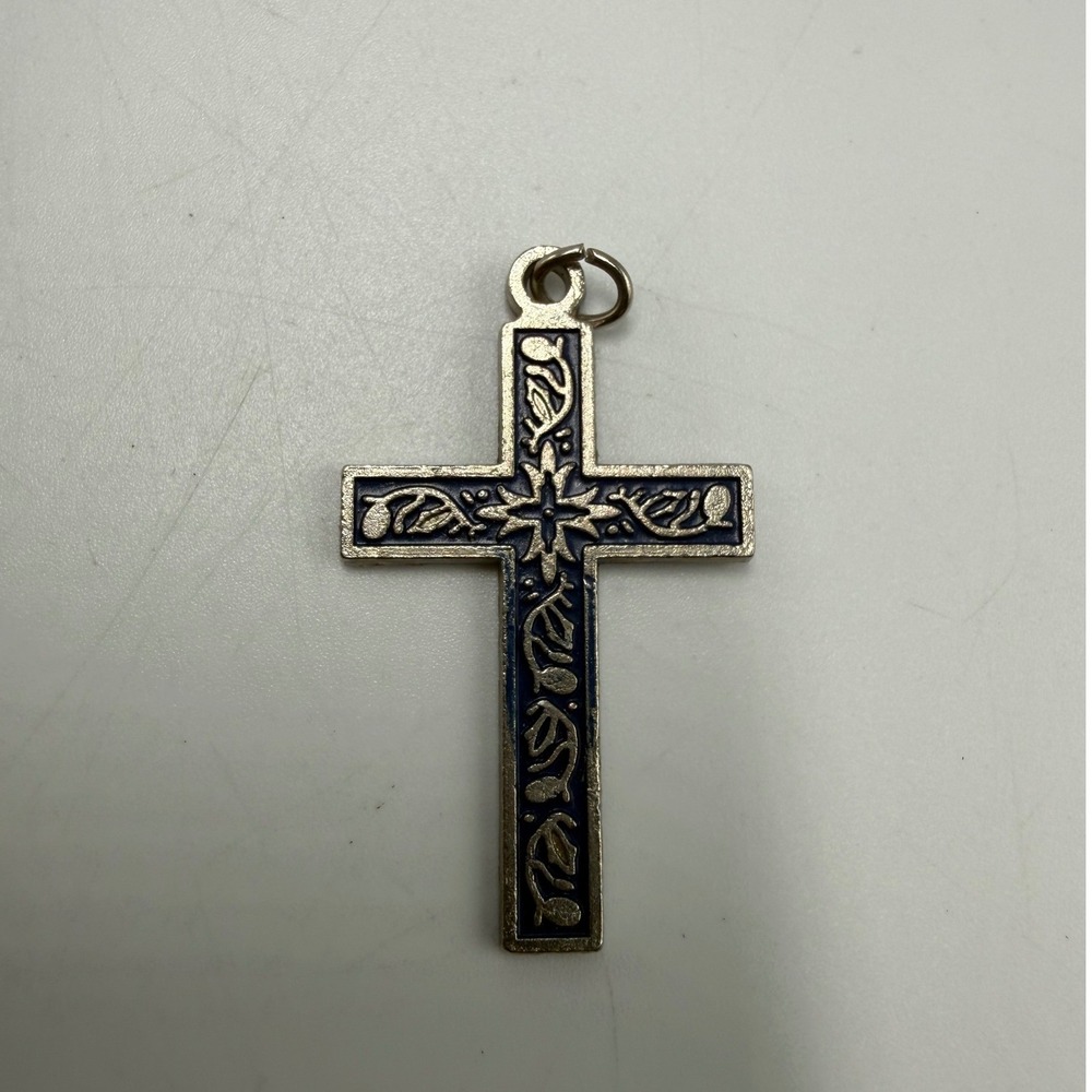 Vintage Silver Tone Blue Enamel Floral Vine Cross Pendant Religious Charm